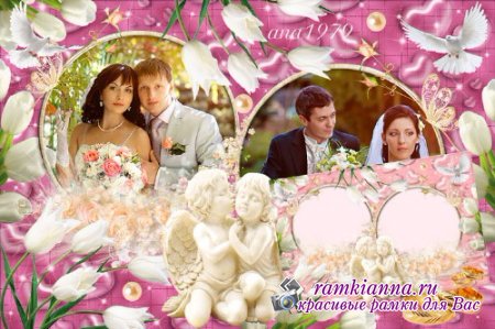 Свадебная рамка с белыми тюльпанами, парой голубей и ангелами/Wedding frame with white tulips, a pair of doves and angels