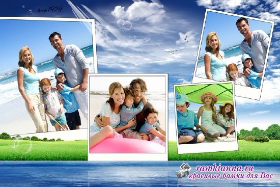 Летняя рамка на четыре фото – Семейный отдых на озере
