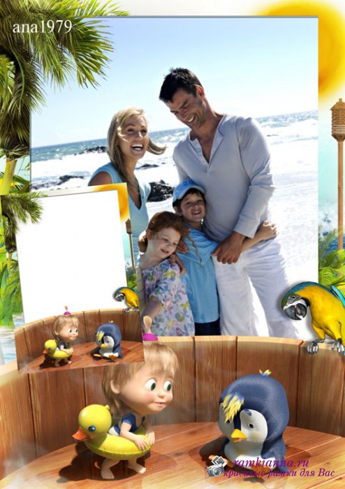 Детская летняя рамка для фотошопа с Машей и пингвином, героями мультфильма Маша и Медведь - подкидыш
