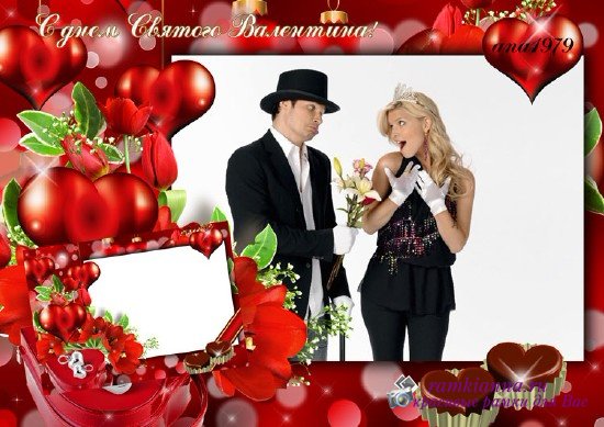 Рамка для фотошопа с сердечками и красными тюльпанами – День любви