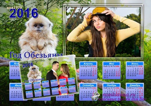 Календарь-рамка для фото на 2016 год с символом по восточному календарю обезьяной